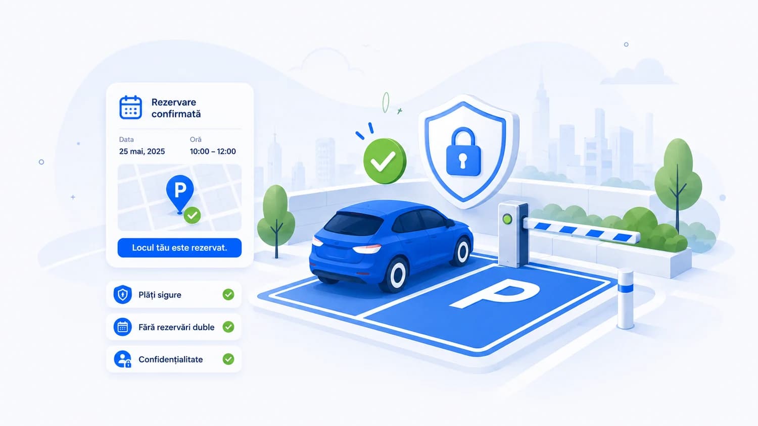 Ilustrație ParkOnGo cu rezervare confirmată și protecție pentru plată