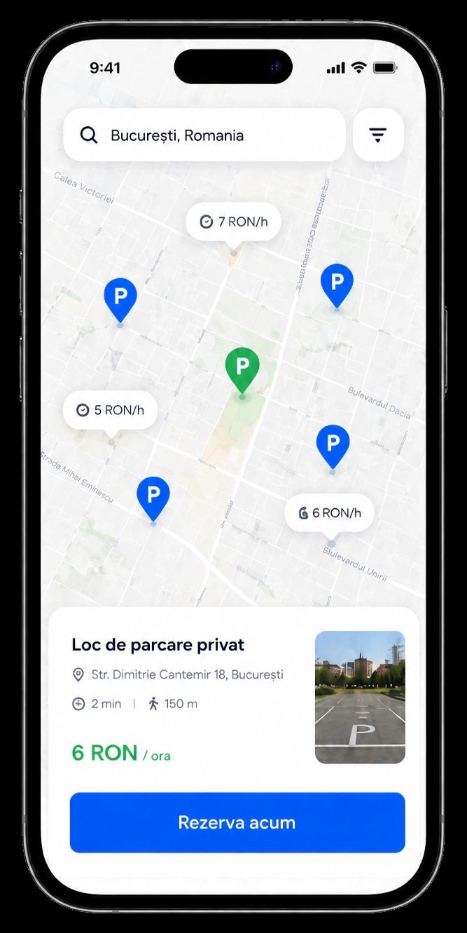 Aplicația mobilă ParkOnGo pe un telefon, cu harta locurilor de parcare